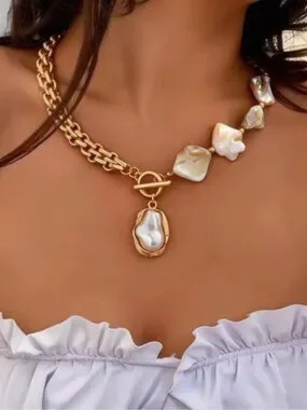 Gold Chain with Irregular White Pearl Pendant Necklace